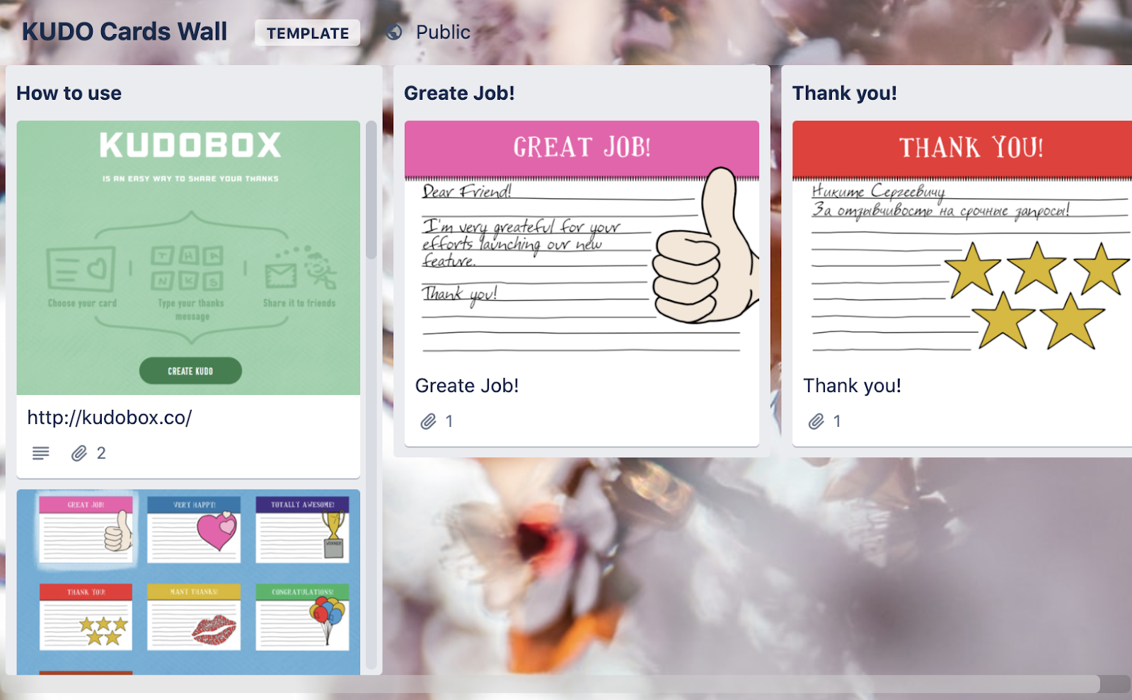 KUDOS cards wall template for Trello